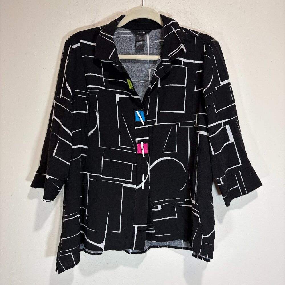 Ali Miles Black Button Down Abstract Geometric Print Pattern Artsy Top Blouse - Picture 2 of 14